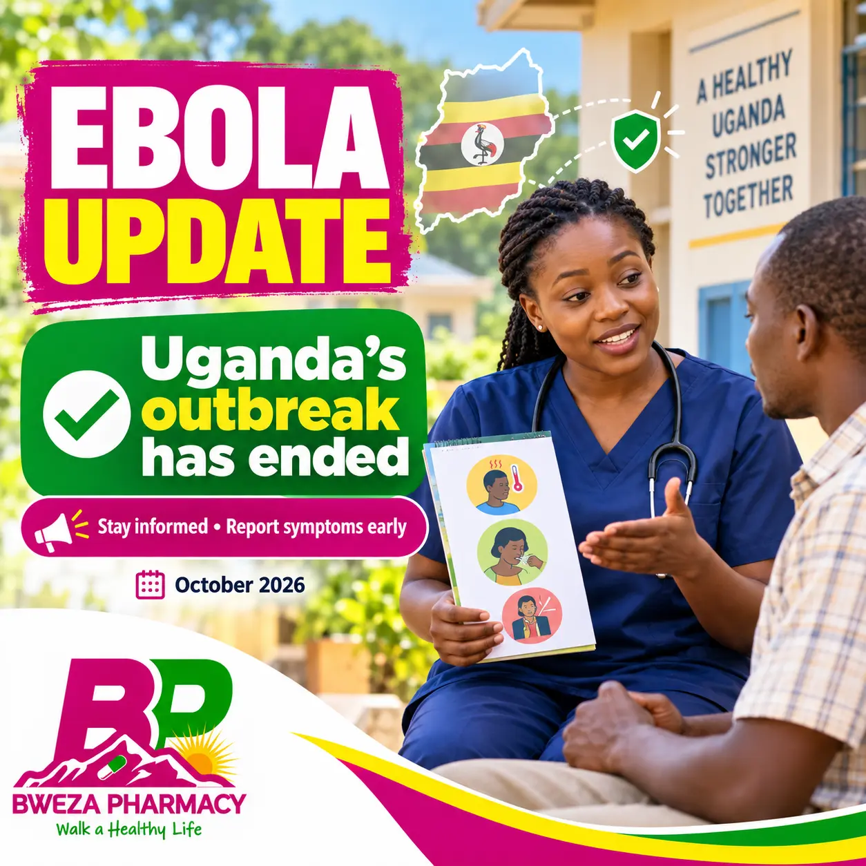 Bweza Pharmacy Ebola update showing a Ugandan health worker explaining that Uganda’s outbreak has ended