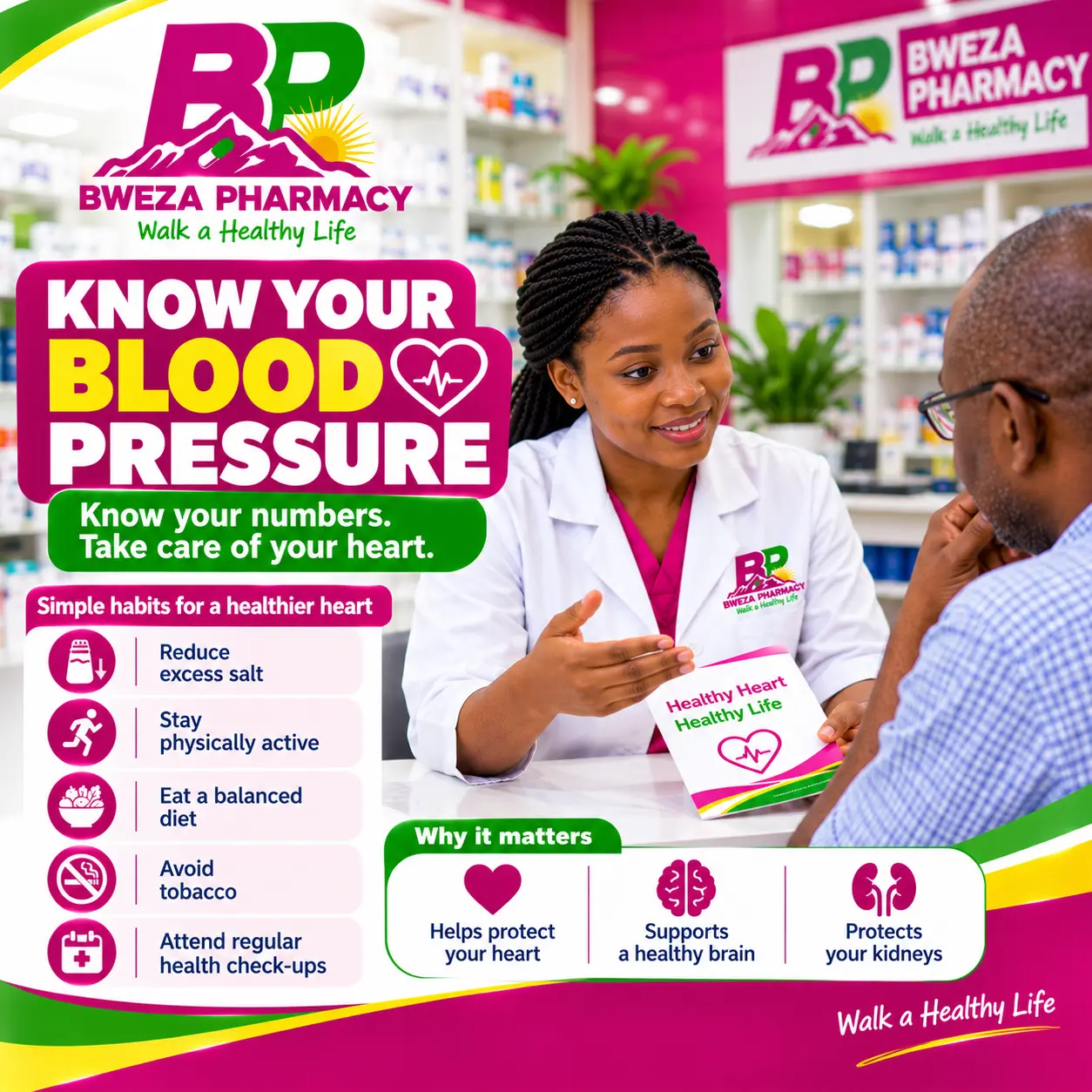 Bweza Pharmacy blood-pressure awareness graphic showing a pharmacist speaking with a customer